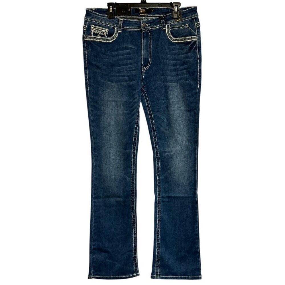 Lucky & Blessed Embroidered Dark Wash Mid Rise Bootcut Jeans NWT - Picture 2 of 12